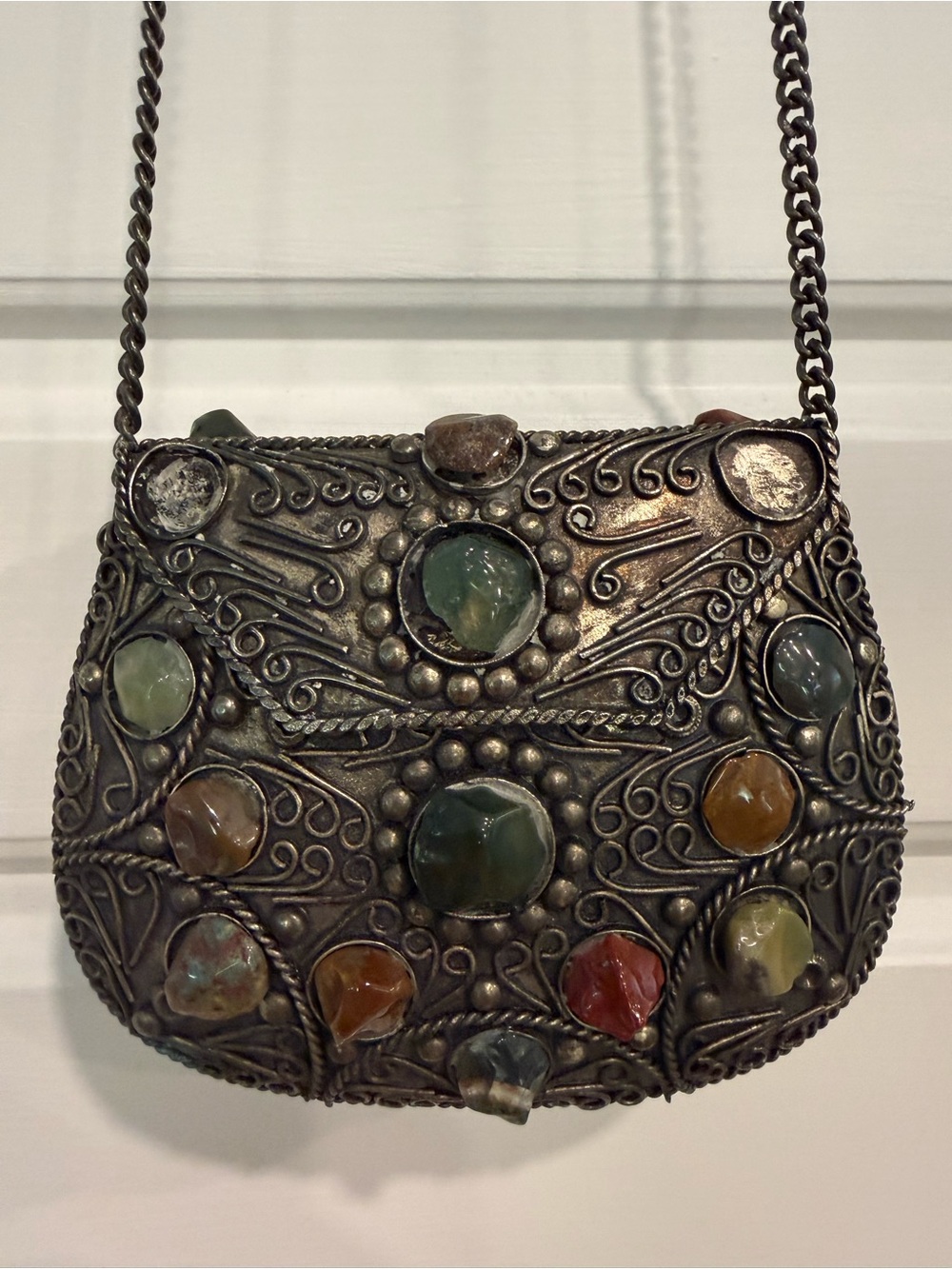 Vintage Indian Artisan Gemstone Metal Box Purse Filigree Crossbody Sajai - Picture 10 of 16